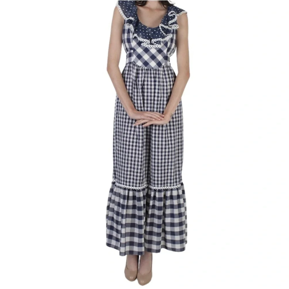 Vintage 70s Blue Gingham Maxi Dress White Checkered Prairie Dress Plaid Long - Picture 1 of 14